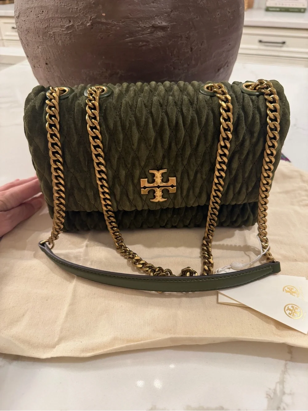 Tory Burch Olive Green Quilted Chain Shoulder Bag with Gold Hardware